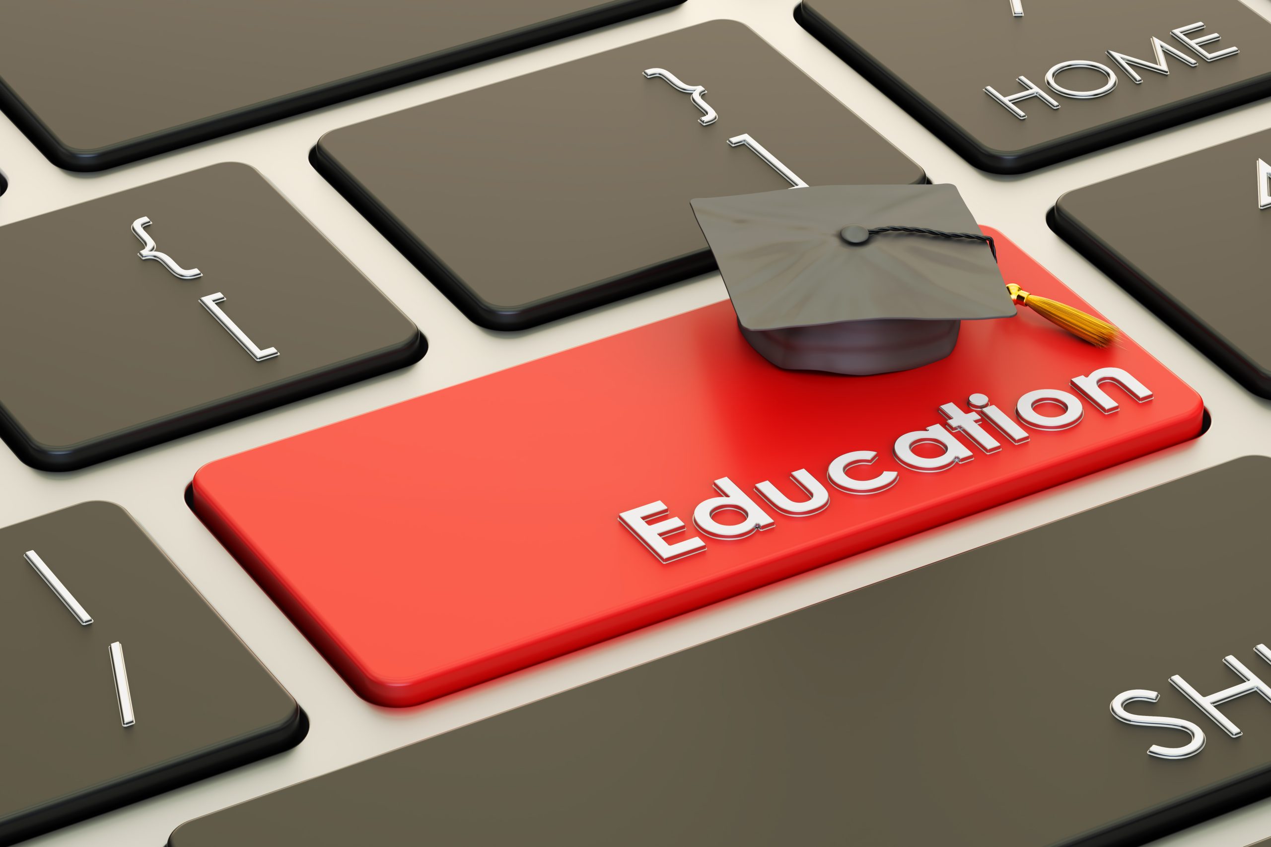 education button, red key on  keyboard. 3D rendering